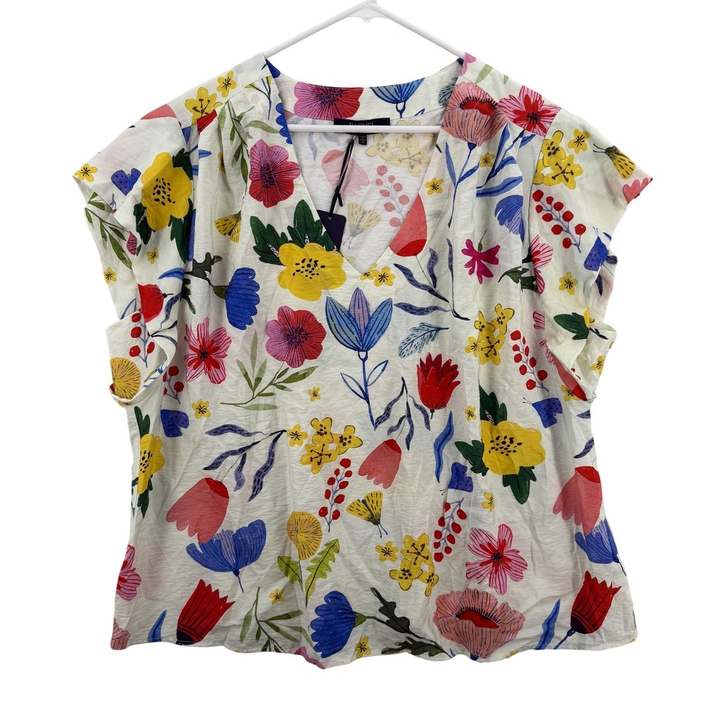 Rachel Rachel Roy Womens‎ 1X White Multicolor Floral V-Neck Short Sleeve Blouse